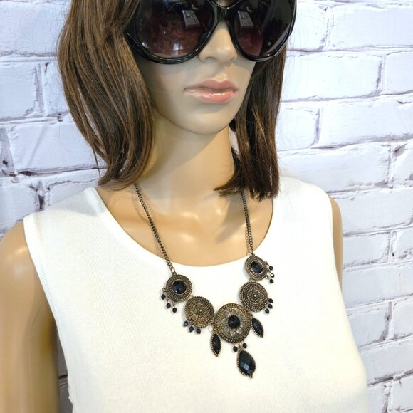 STATEMENT NECKLACE - Boho black & bronze stylish necklace - Picture 2 of 5